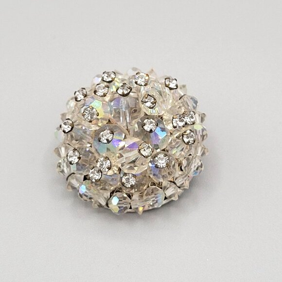 Domed AB Aurora Borealis Brooch Pin Silver Tone Bicone Round Beads Vintage 1950s - Picture 2 of 7